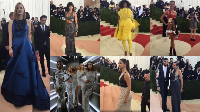 Jessica Chastain/Prada; Naomi Campbell/Versace; Solange Knowles; The Balmain crew; Selena Gomez/Louis Vuitton; Zayn Malik and Gigi Hadid