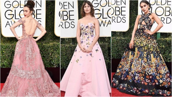 Lily Collins in Zuhair Murad, Lola Kirke in Andrew Gn (and a Fuck Paul Ryan pin, apparently), Olivia Culpo in Zuhair Murad